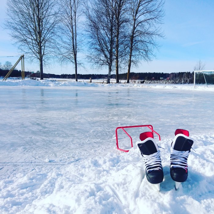 Ishockeyutrustning på en frusen sjö med bar himmel och träd i bakgrunden.