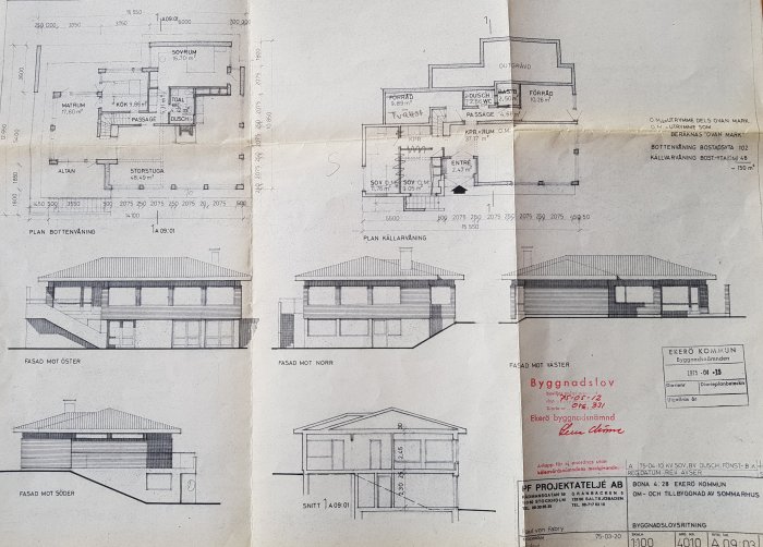 Arkitektritningar av ett hus inklusive planritningar och olika fasadvyer samt detaljer för bygglov från Ekerö kommun.