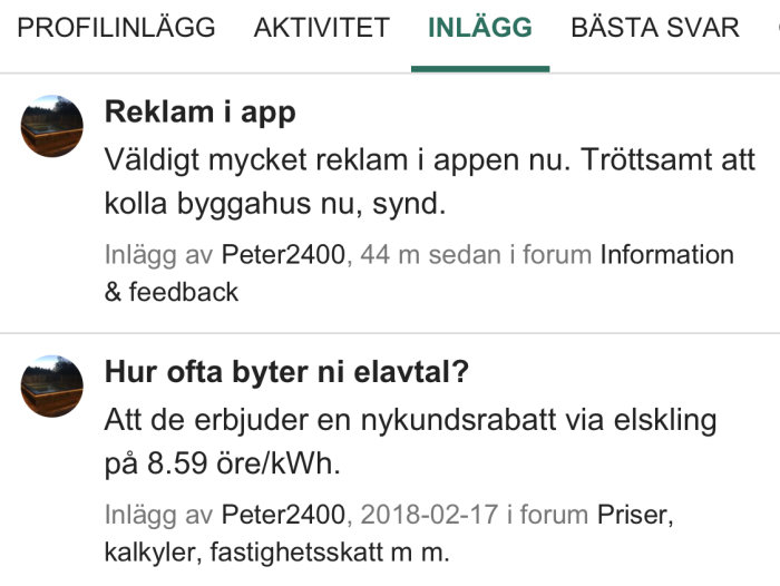 Skärmdump av diskussionsforum där användaren klagar på reklam och frågar om elavtal.