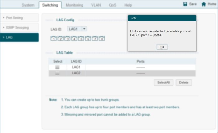 Skärmdump av gränssnitt för nätverksswitch som visar en LAG-konfigurationsmeny med felmeddelande.