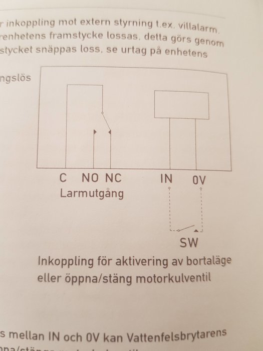 Schematisk illustration av kopplingsschema för Vatette vattendetektor med larmutgångar och motorventilstyrning.