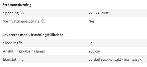 Skärmbild som visar specifikationer för strömanskutning av en tvättmaskin med information om spänning och utrustning.
