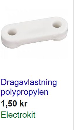 Vit kabelavlastningsbygel i polypropylen från Elektrokit med priset angivet.
