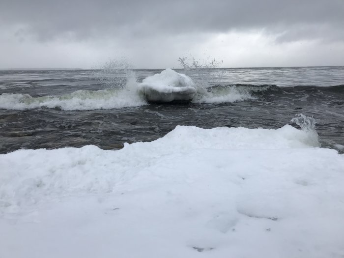 Vågor som slår mot en snöig strand med dimmig himmel i bakgrunden.