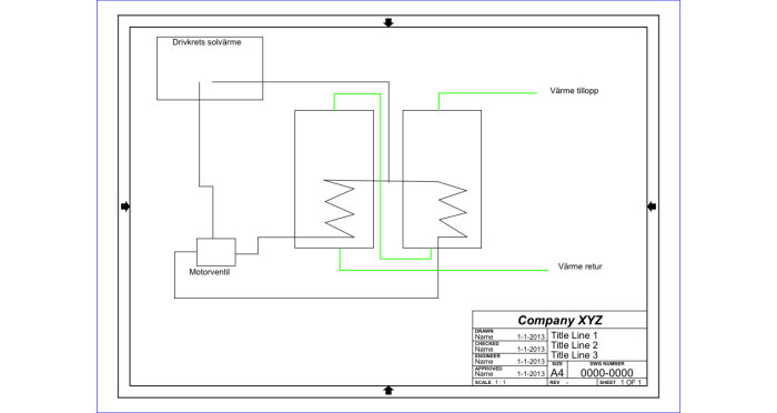 Schematisk bild av en värmesysteminstallation med en motorstyrd tre-vägsventil och två lagringstankar.