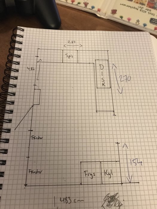 Handritad skiss av kökslayout med måttangivelser på rutat papper.