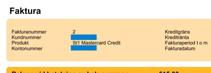 Utseende på en faktura med fakturanummer #2 för ST1 Mastercard Credit, personliga uppgifter dolda.