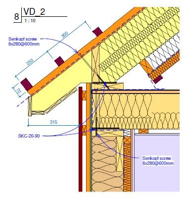 Teknisk ritning av en husdel med måttangivelser och detaljer för skruvförband.
