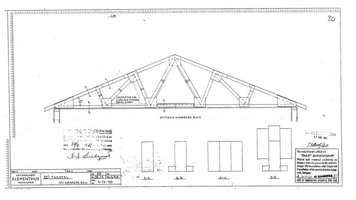 Arkitektritning av hustak med 22 graders lutning och specifikationer från 1950.