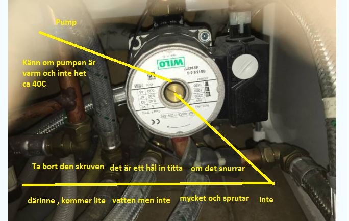 Cirkulationspump i värmesystem med instruktioner och anteckningar om skruvjustering och temperaturkontroll.