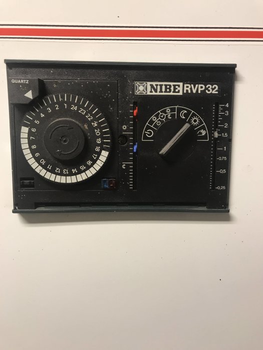 En Nibe RVP32 regulator panel för en vattenburen elpanna med inställningsrattar och skalor.