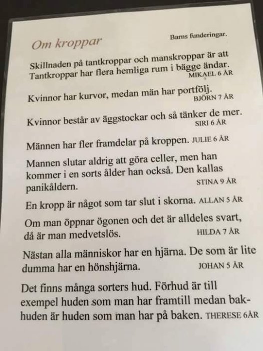 Bild av ett pappersdokument med texten "Om kroppar" och citat från barn om deras funderingar kring kroppar.