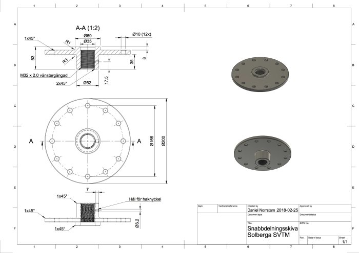 CAD-ritning och 3D-modell av en snabbningskiva för maskinelement.