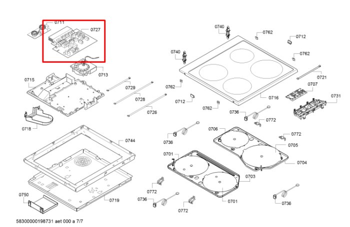 Exploded view diagram of appliance parts with highlighted numbers 0727 and 0713 to indicate specific components.