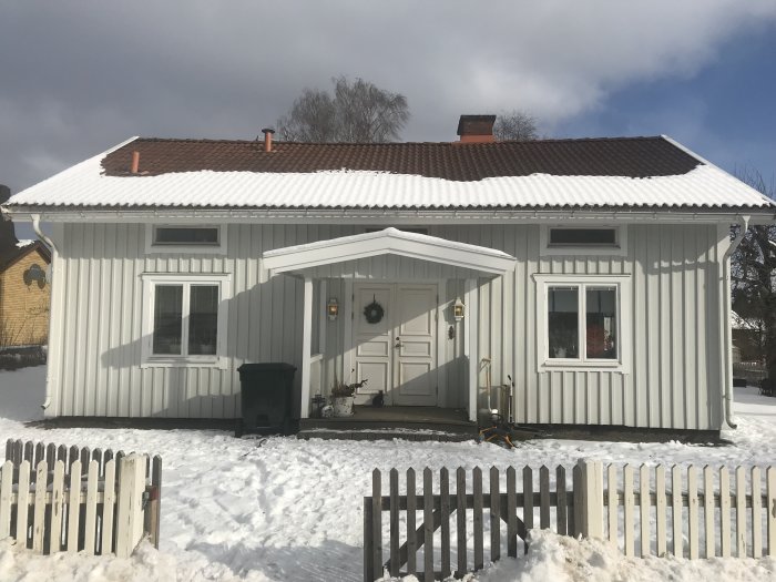 Ett vitmålat hus från slutet av 1800-talet med snö på taket, vilket visar på värmeavgång.