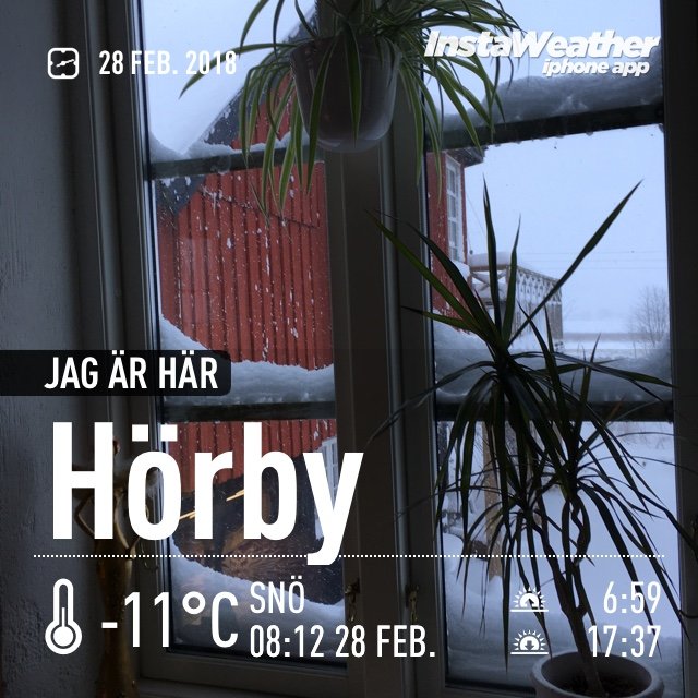 Vy genom fönster med växter, snöigt landskap utanför, texten "Hörby -11°C SNÖ", datum och tidsuppgifter.