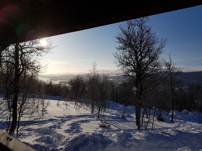 Vintersol strålar över snötäckt landskap med träd och berg, sedd från en balkong.