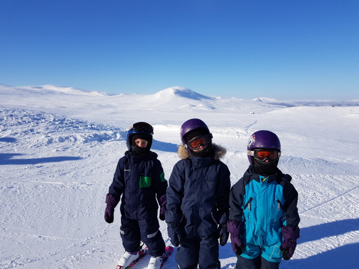 Tre barn i full skidutrustning på ett snöigt bergslandskap en solig dag.