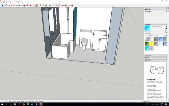 Sketchup-modell av ett badrum med kommod, inbyggd WC, och badkar för planering av vattenledningar.