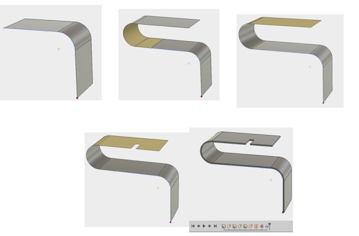 Steg-för-steg CAD-modellering av en plåt med urtag och tjockleksprocesser.