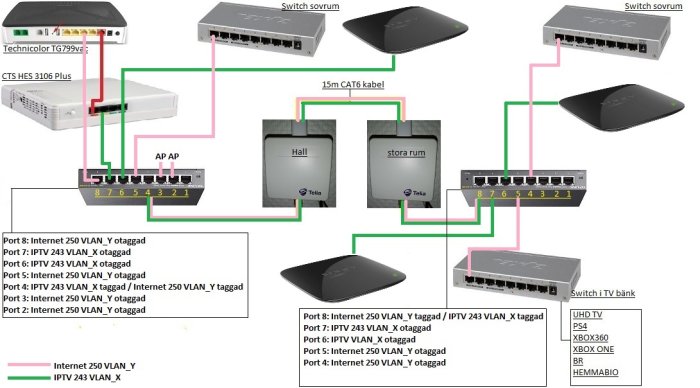 Skiss av nätverksuppställning med VLAN-switchar, enheter och kabeldragningar för hemmabruk.