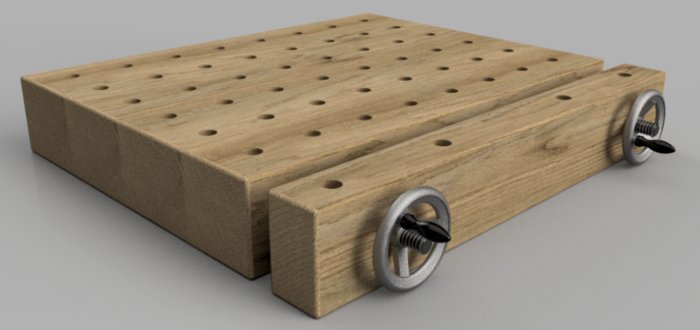 3D-renderad bild av en trä Moxon skruvstäd med rattar och gängade stänger.
