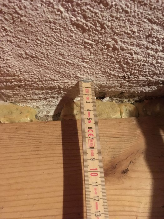 Mätsticka visar avståndet mellan golv och vägg med ojämn yta och synlig gråsten.