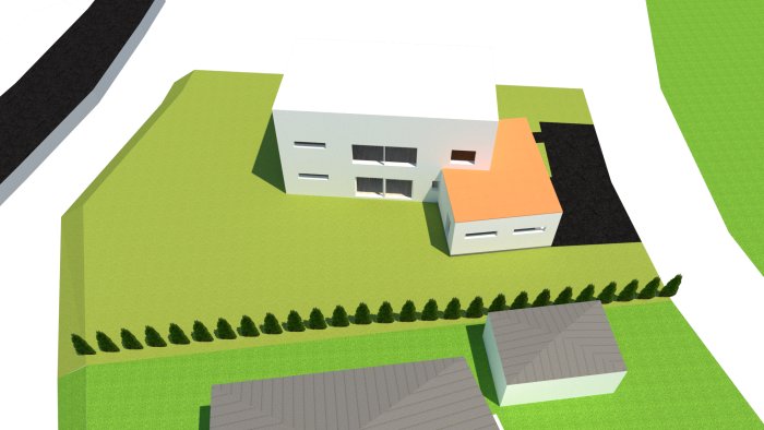 3D-visualisering av tomt med fristående garage och tvåvåningshus intill en gata.