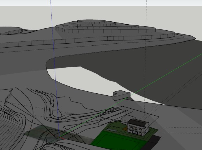 3D-skiss av tomt med fristående garage och hus i skymning med berg i bakgrunden.