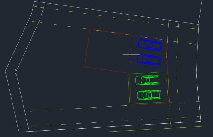 3D-skiss av tomt med potentiell placering av fristående garage och huvudbyggnad.