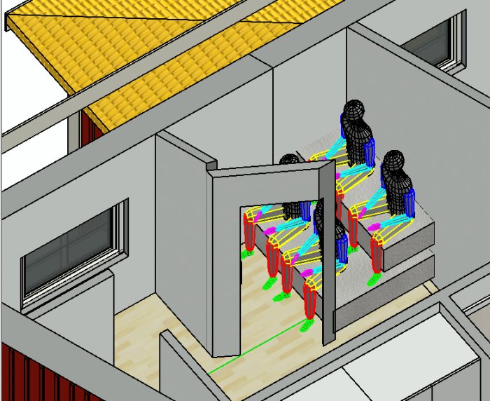 3D-modell av bastu med snedtak och två olika höga sittlavar, markerade mått och fyra figurer.