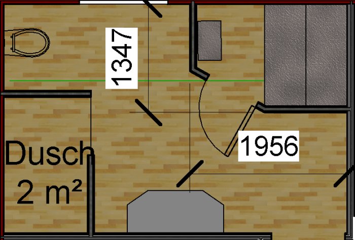 Ritning över bastu med dimensioner, duscharea markerad, och pil som visar 190 cm takhöjd.