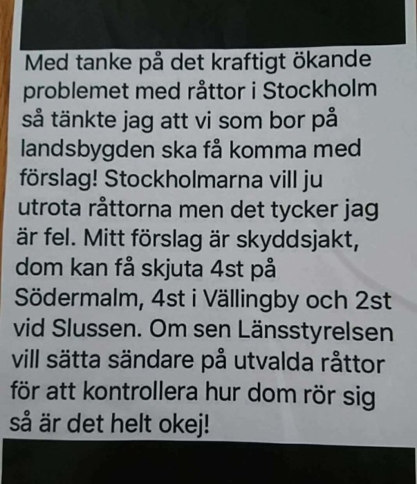 Text på ett papper som diskuterar en ökning av råttproblem i Stockholm och ett förslag på skadedjursbekämpning.