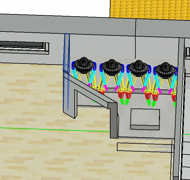 3D-ritning av en bastu med lång sittbänk längs väggen och integrerat aggregat.