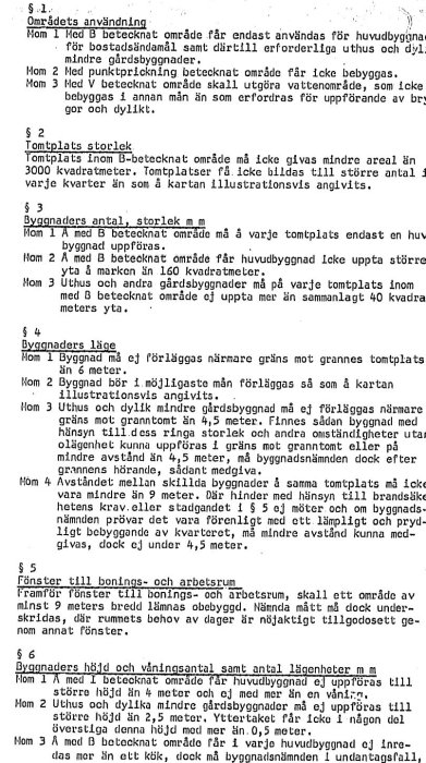 Sida från ett dokument som beskriver detaljplaneregler med text om byggnaders placering och storlek.