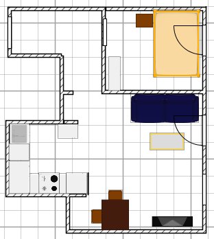 Översiktsplan av ett köks layout, inkluderar skåp, vitvaror och en potentiell plats för en städskrubb.