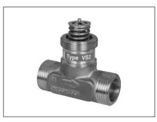 Grå gängad stångventil typ VS2, möjlig termostatfunktion för värmesystem.