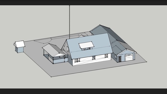 3D-modell av ett enfamiljshus med tillhörande fristående garage och förrådsbyggnad.