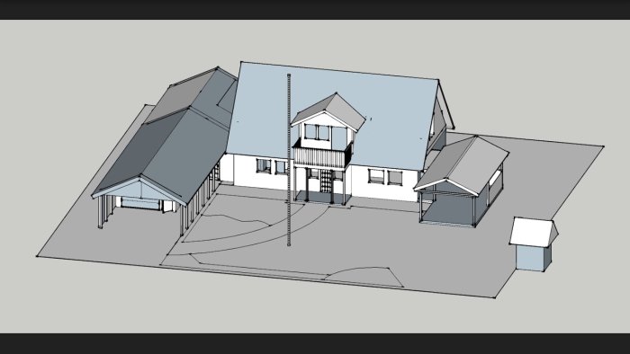 3D-modell av en villa med annex och garage sett i fågelperspektiv.