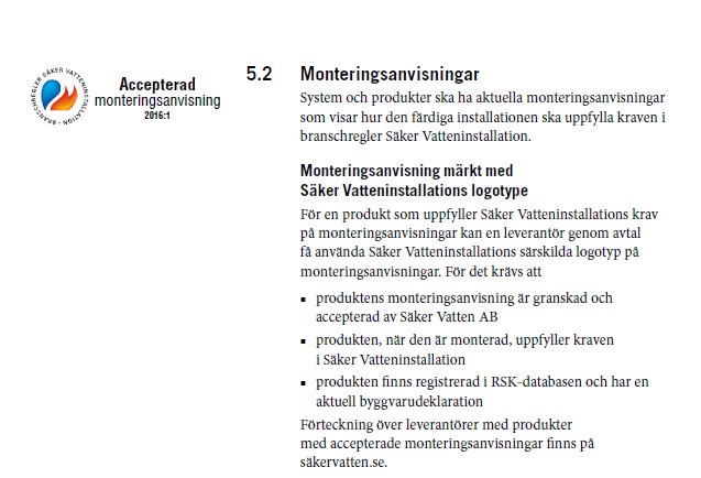 Skärmdump av en sida från Säker Vatten-handboken som beskriver accepterade monteringsanvisningar och logotypkrav.