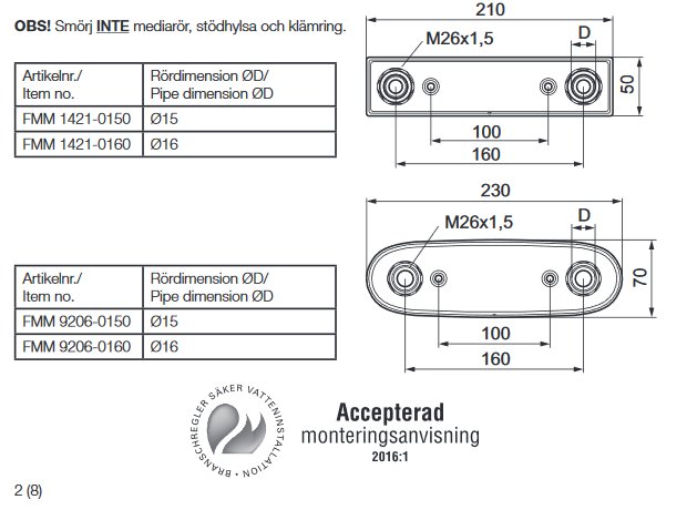 Technical drawing of mounting instruction for pipes with dimensions and warning text not to grease support rings.