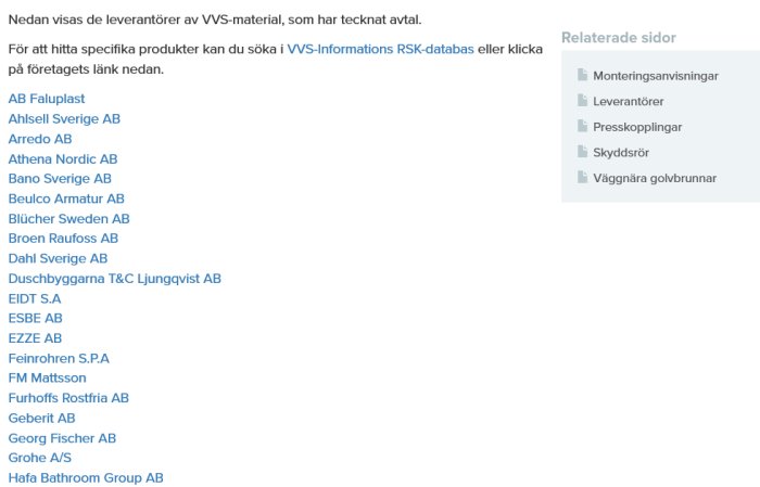 Lista på leverantörer av VVS-material och länkar till RSK-databas, med relaterade sidor till höger.