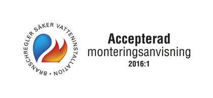 Logotyp för "Accepterad monteringsanvisning 2016:1" med en flamma och vattendropp.
