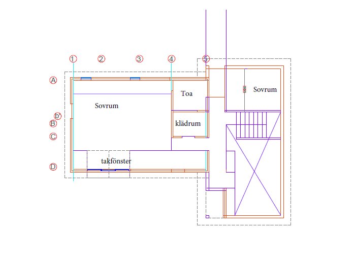 Arkitektonisk planritning av ett övre plan med rum, trappor och takkupor markerade i olika färger.