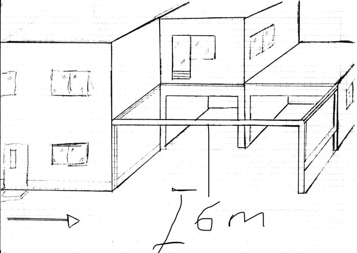 Handritad skiss av ett hus med en planerad altan/carport och måttmarkeringar.