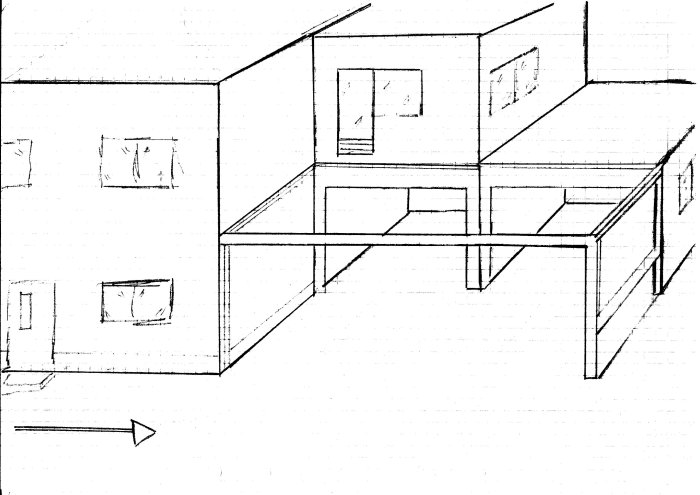 Skiss av altan och carport med måttangivelser och placering av pelare och balkar.