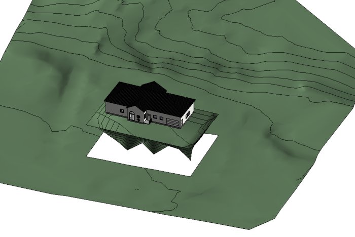 3D-modell av ett hus med problematisk topografi och ett synligt hål i marken i ett byggprojekt.