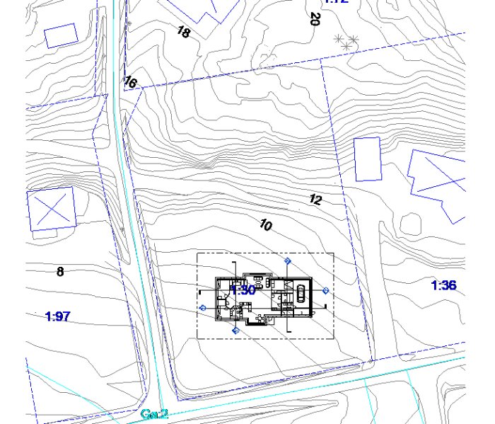 Teknisk ritning i Revit som visar en hustopografi med höjdkurvor, där huset inte linjerar med marken korrekt.