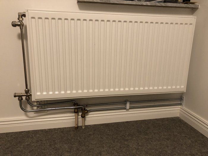 Nyinstallerad radiator med synliga rördragningar längs väggen och golvet.