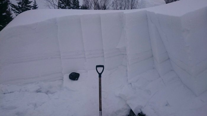 Tak av sommarstuga delvis skottad med tydliga snöblock och en spade i förgrunden.